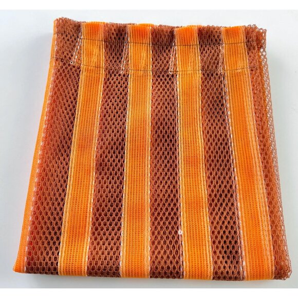 Vintage 70s mesh curtain, pumpkin orange & brown stripes, open weave panel - Picture 1 of 8